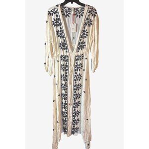 Raga Womens Embroidered Maxi Dress Sm White & Navy Boho Crinkle Fabric Anthro